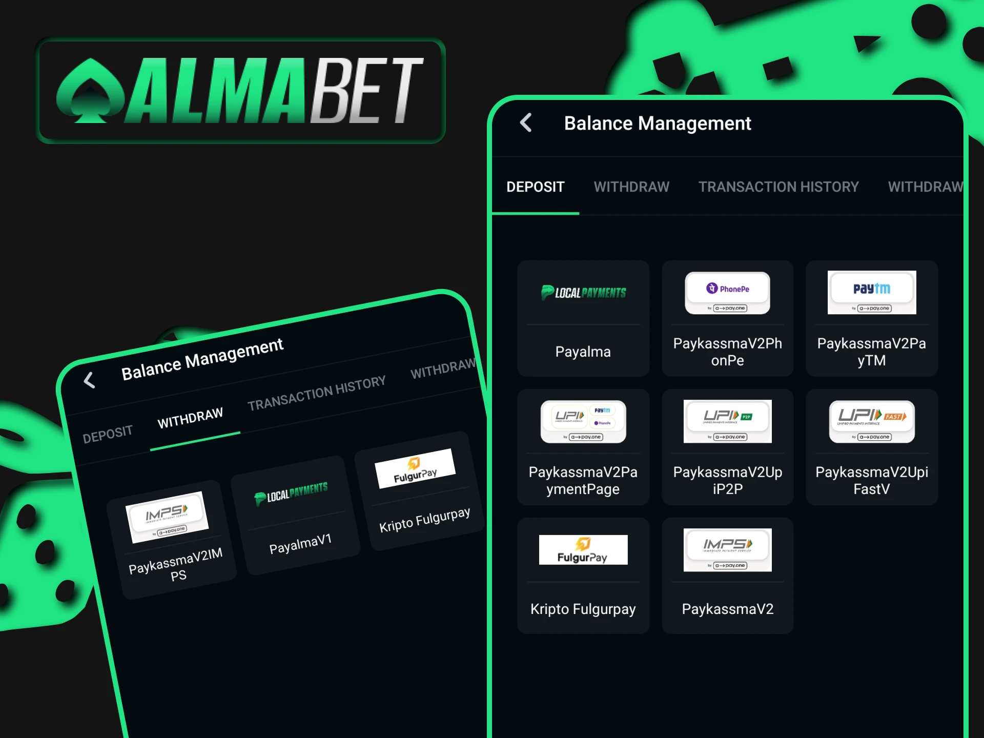 In the Almabet application you will find many payment methods.
