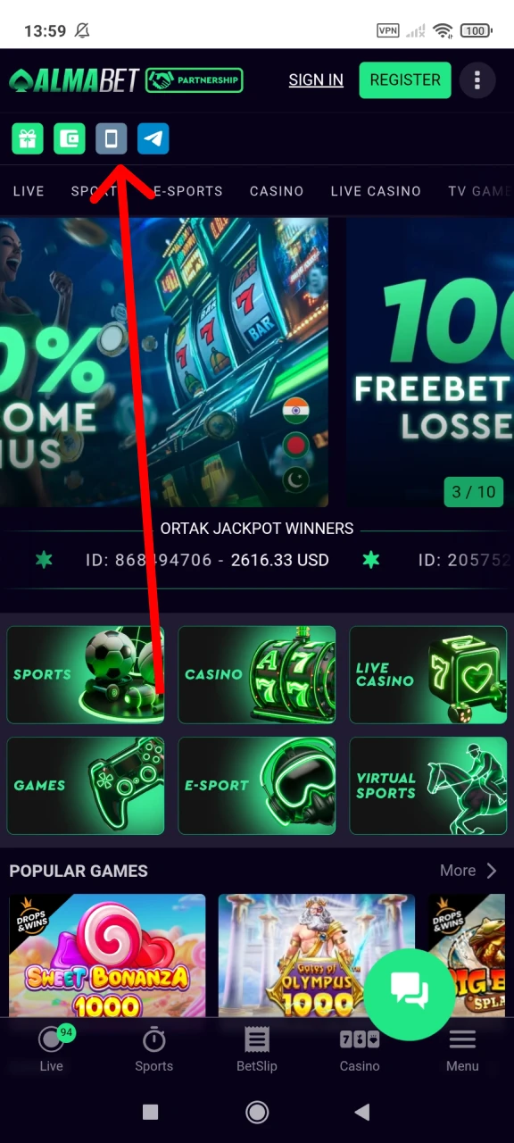 Click on the download button for the Almabet application.