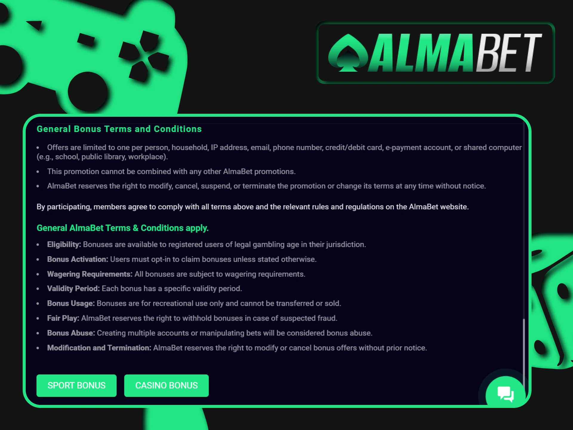 Learn the terms for bonuses at Almabet.