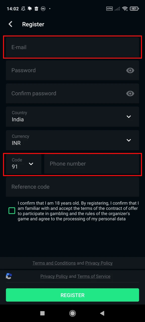 Fill in your email and phone number to register on Almabet.