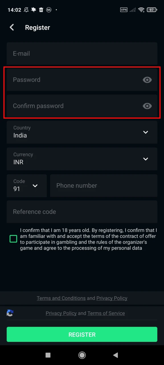 Create a password when registering your Almabet account.