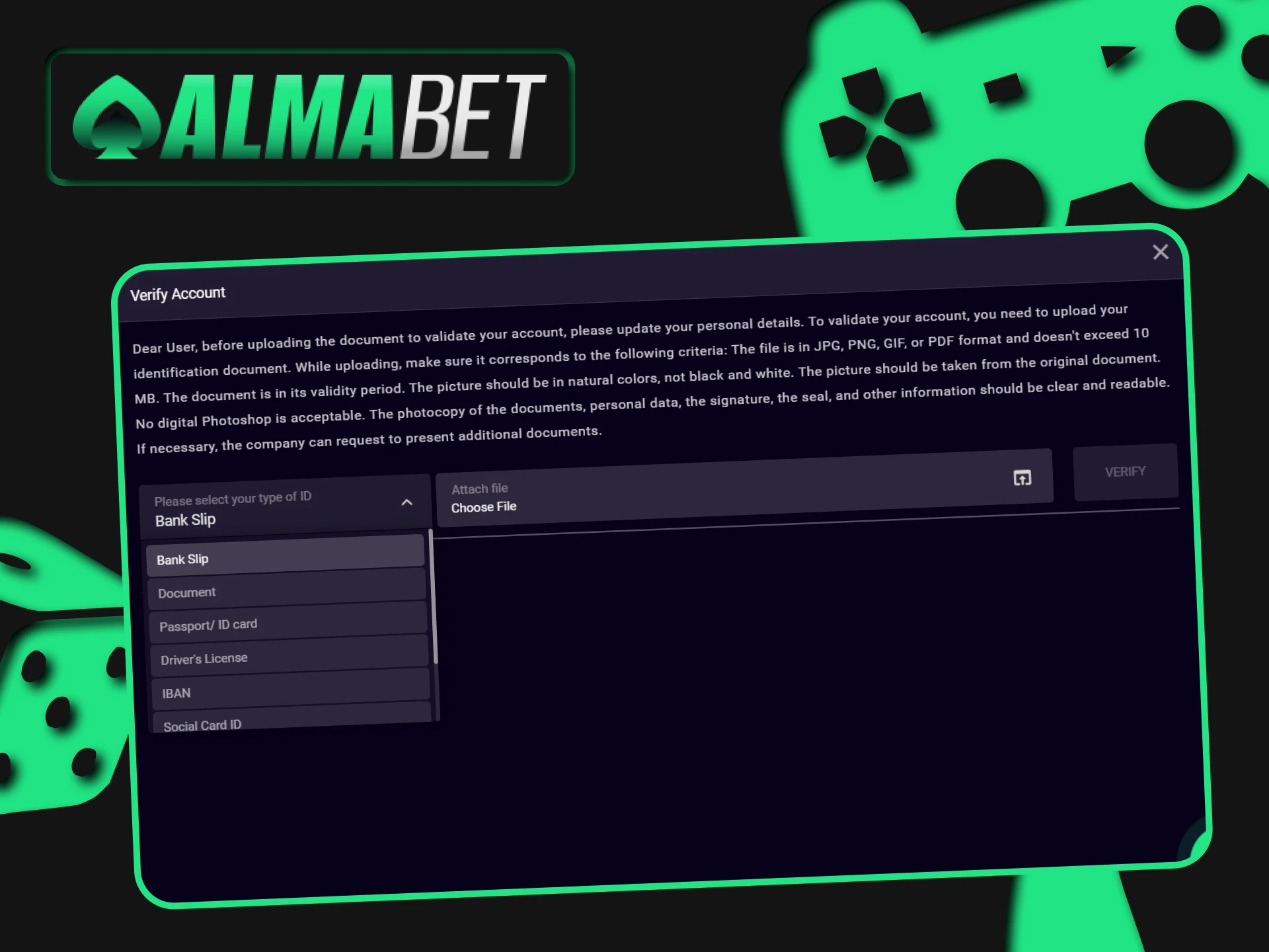 Pass verification on the Almabet website.