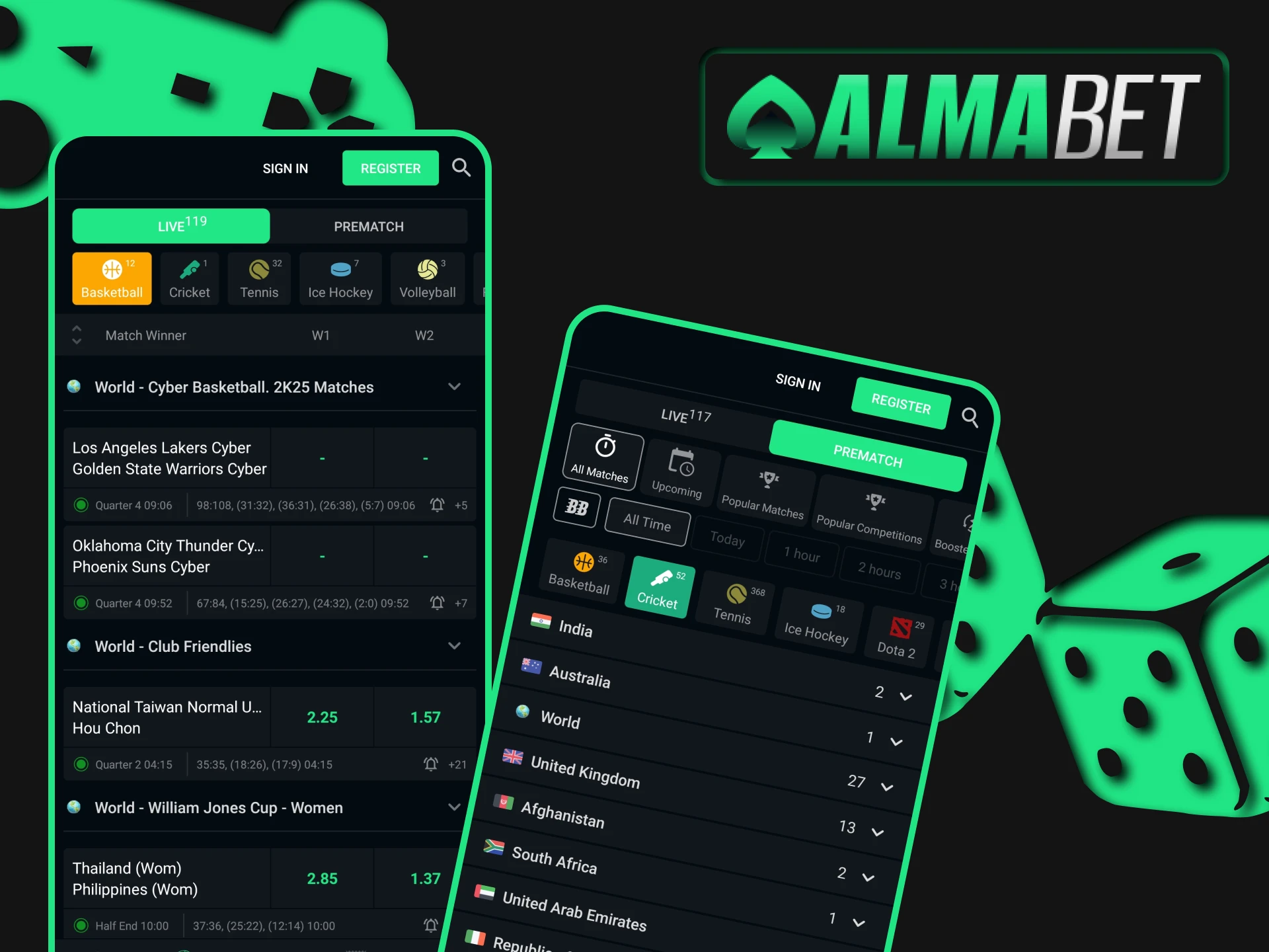 You can place bets on sports in the Almabet application.